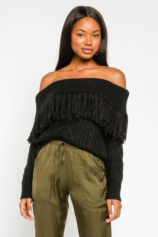 White off the shoulder fringe sweater Clearance